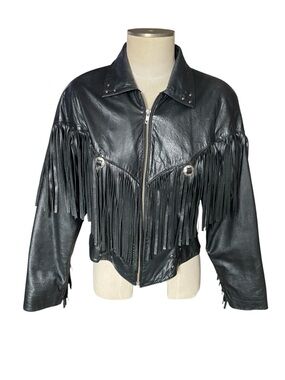 Fringe-Trim Black Leather Zip-Up Jacket for Women